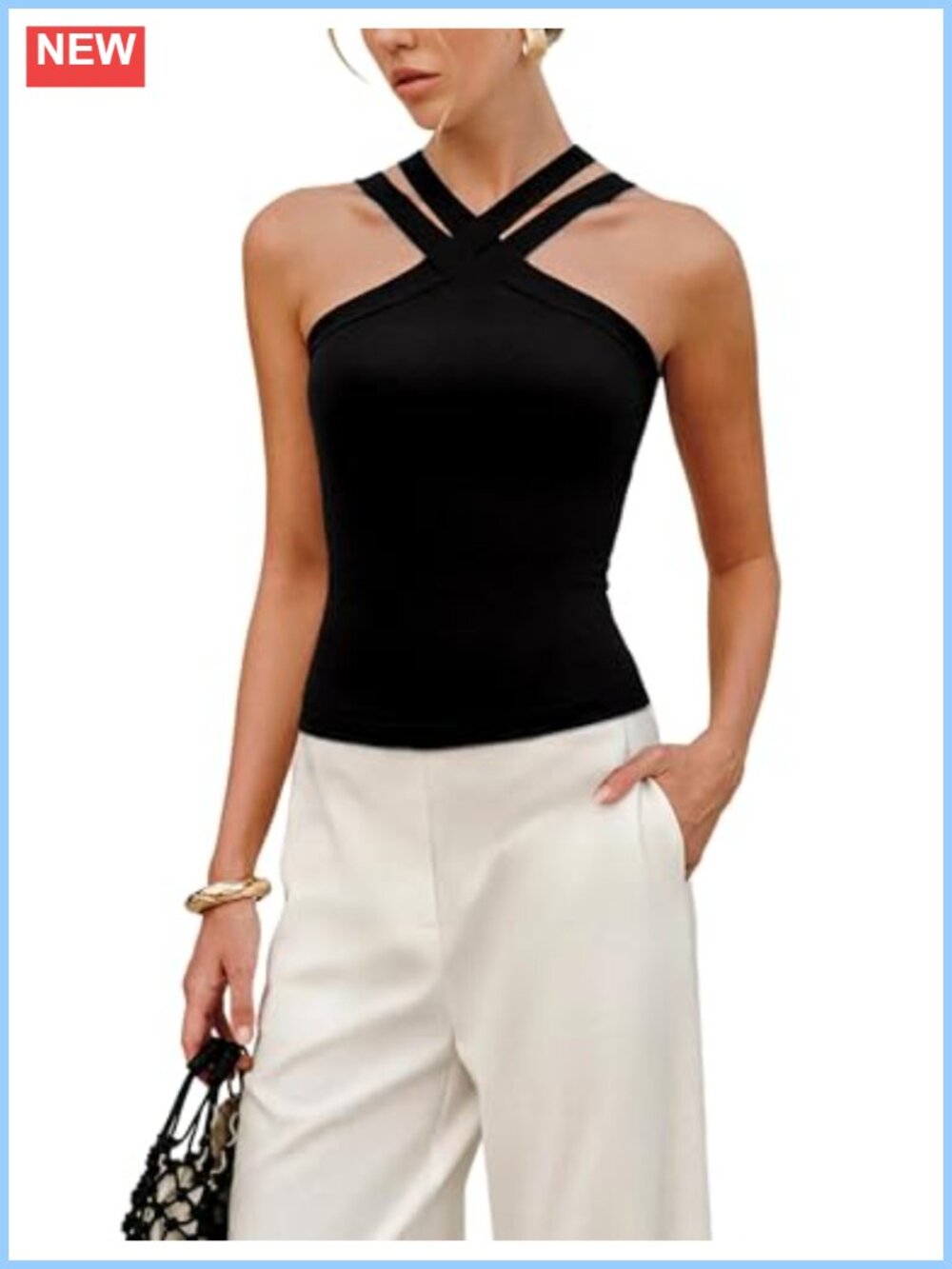 Women's Cross Strap Halter Neck Knit Tank Top Summer Sleeveless Blouse